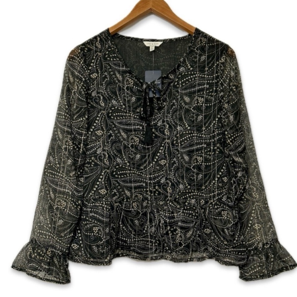 NWT Lucky Brand Bohemian Paisley Metallic Long Sleeve Sheer Tassel Blouse, Small
